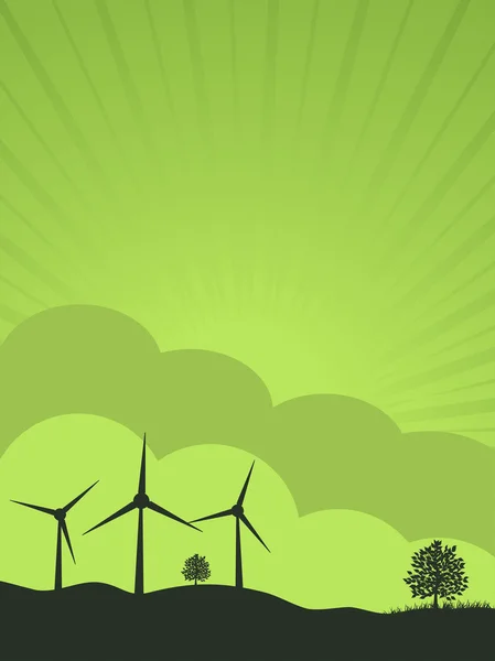Wind turbines and trees on a green background — Stock Vector