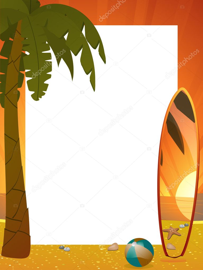 Summer sunset border with palm tree and surfboard portrait