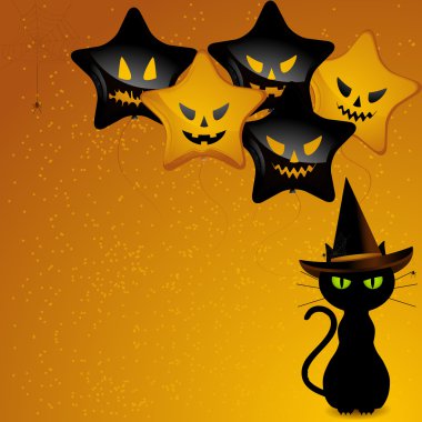 Halloween witch cat and balloonns clipart