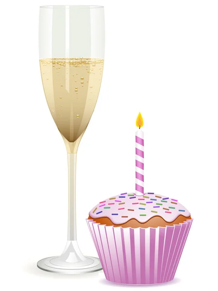 Champagne and birthday cupcake — Stock Vector