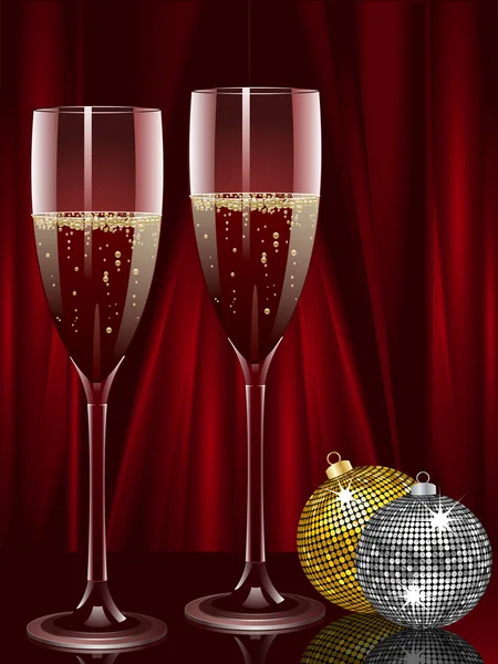Champagne and christmas baubles on a red background — Stock Vector