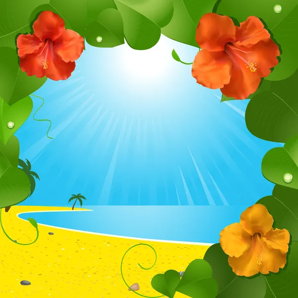 Hibiszkusz virágok és strand jelenet — Stock Vector