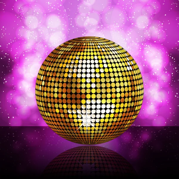 Sparkling golden disco ball on a glowing purple background — Stock Vector