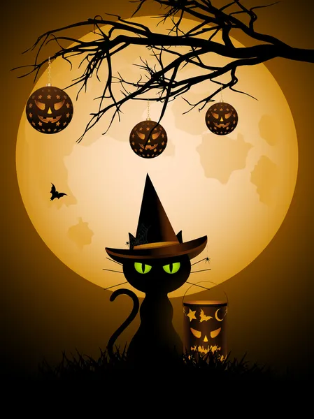Halloween macska és lámpák — Stock Vector
