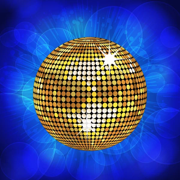 Gold disco ball and sparkling blue background — Stock Vector