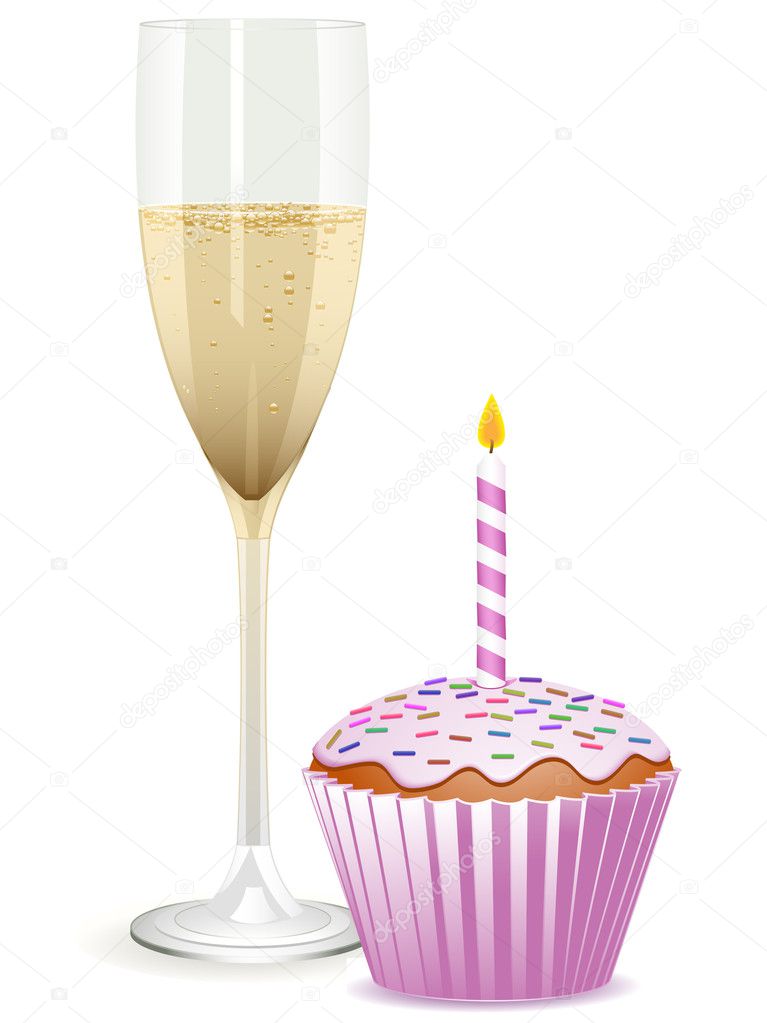 Champagne and birthday cupcake