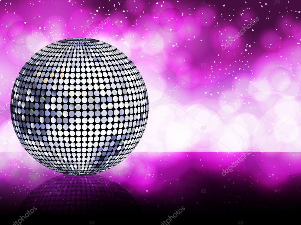Sparkling silver disco ball on a glowing purple background