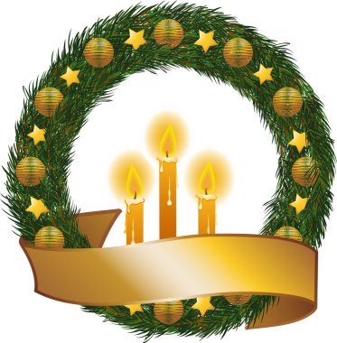 Decorated Christmas wreath, banner and candles clipart