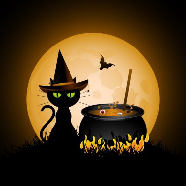 Witches cauldron and black cat clipart