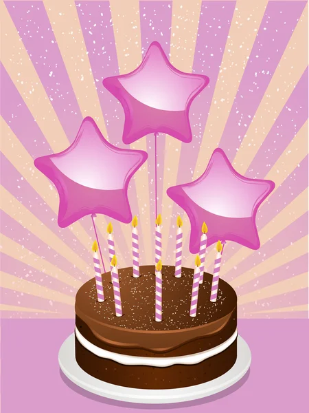 Birthday chocolate cake and balloons — Stock Vector
