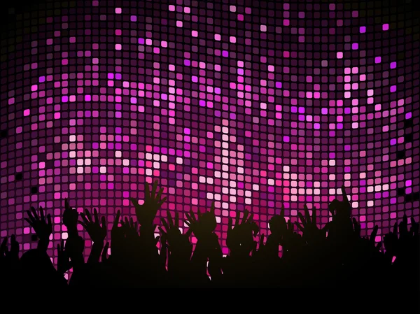 DJ y multitud sobre fondo de mosaico púrpura — Archivo Imágenes Vectoriales