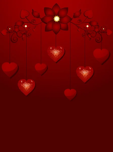Colgando corazones de San Valentín y fondo rojo — Vector de stock