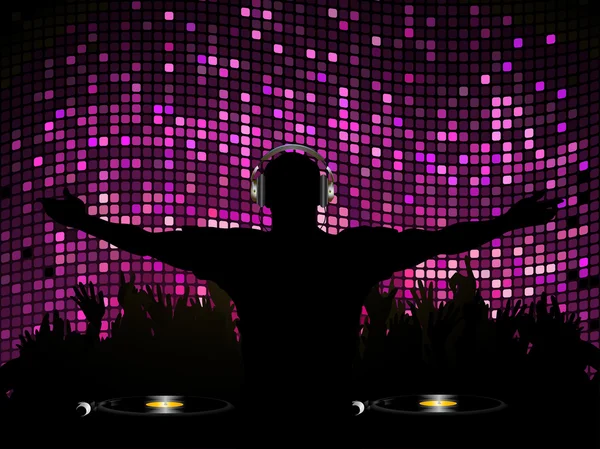 DJ och publiken på lila mosaik bakgrund — Stock vektor