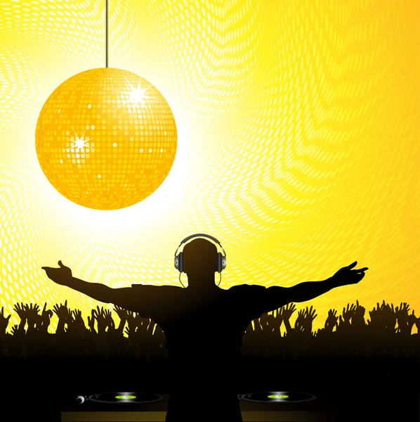 DJ multitud y bola disco — Vector de stock