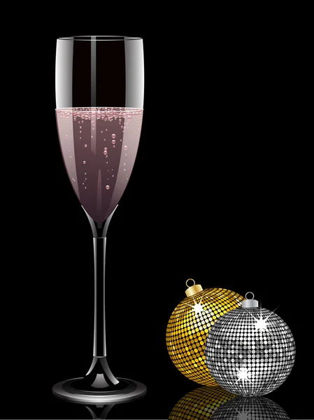 Pembe şampanya ve Noel baubles — Stok Vektör