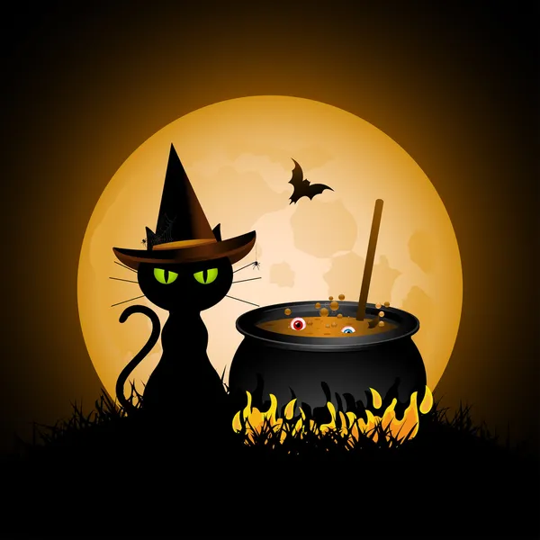 Witches cauldron and black cat — Stock Vector