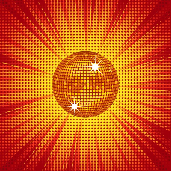 Gold disco ball and halftone background — Stock Vector
