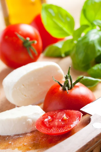 Fresh mozzarella with tomato and basil — Stock Photo, Image