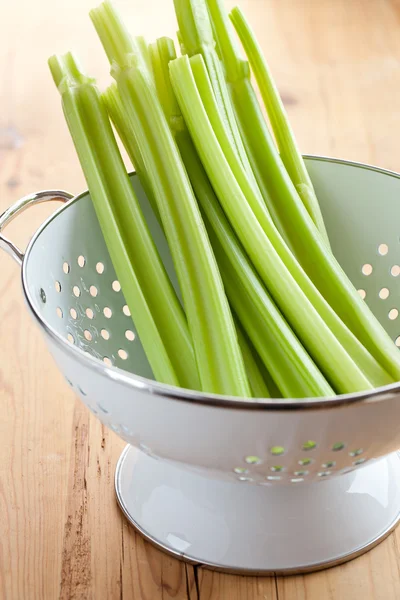 Green celery sticks in colander — Stock Photo, Image