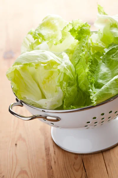 Green lettuce in colander — Stock Photo, Image