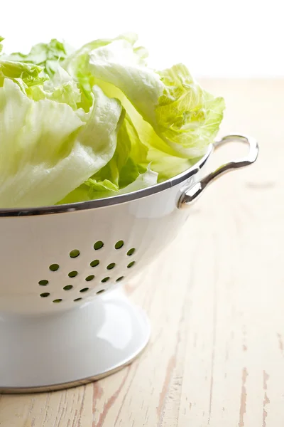 Green lettuce in colander — Stock Photo, Image