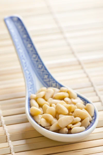 Pine nuts in ceramic spoon — Stock Photo, Image