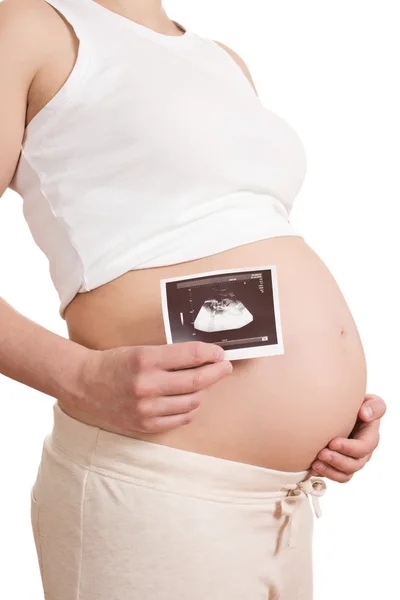 Pregnant woman is holding a photo of her Ultrasound — Stock Photo, Image