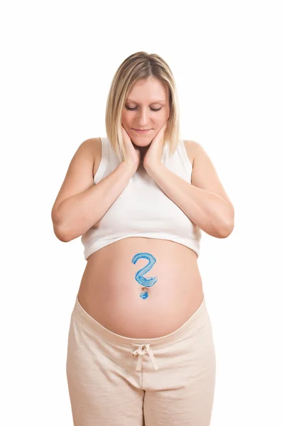 Těhotné ženy s otazníkem na její břicho — Stock fotografie