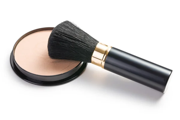 Makeup brush and cosmetic powder compact — Stock Photo, Image