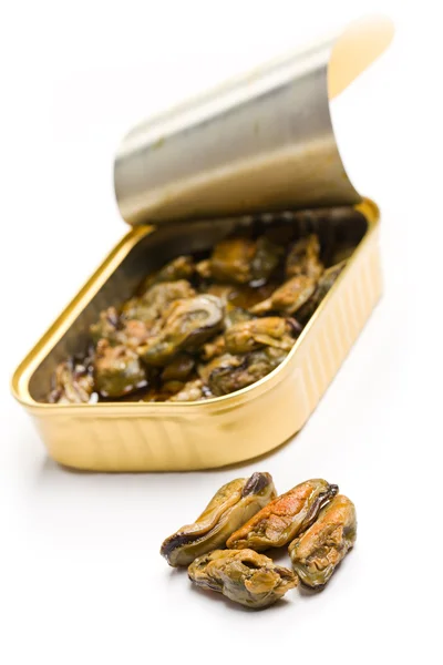 stock image Smoked mussels in opened tin can