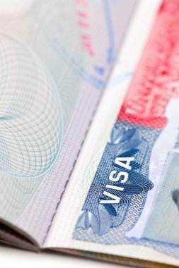 Macro shot of a U.S. visa on passport page clipart