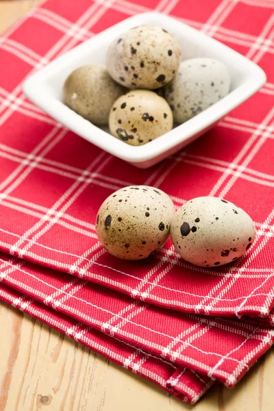 Quail eggs on kitchen table — Stock Photo, Image