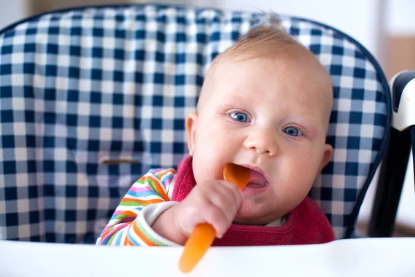 Alimentar o bebê com alimentos para bebês — Fotografia de Stock
