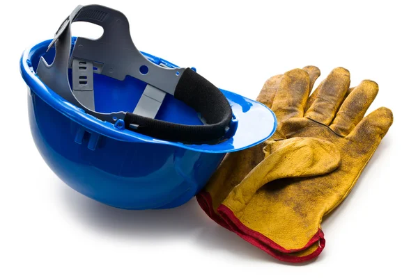 Blue hardhat and leather working gloves — Stock Photo, Image
