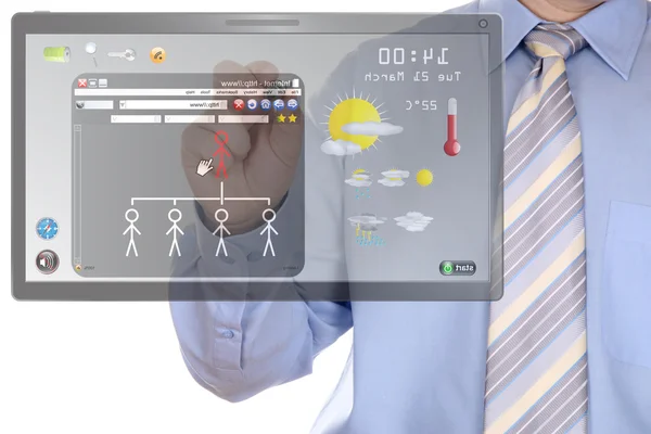 Man drawing social network on touchscreen tablet — Stock Photo, Image