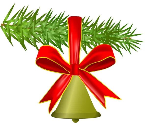Bell with ribbon hanging on Christmas tree — Stock Photo, Image