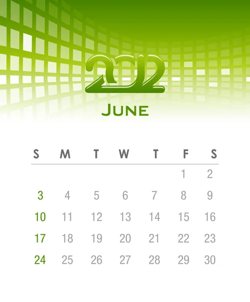 Calendário vetor mensal para 2012 - Junho — Vetor de Stock