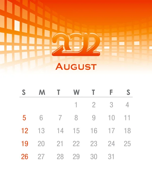 Calendario vettoriale mensile 2012 - agosto — Vettoriale Stock