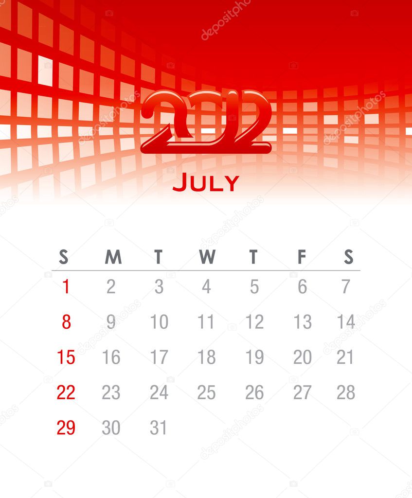 Monthly Vector Calendar For 12 July Vector Image By C Archymeder Vector Stock