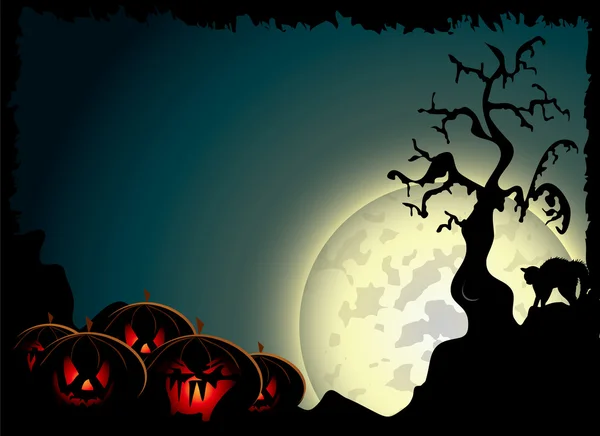 Halloween achtergrond met spooky pompoenen en zwarte kat — Stockvector