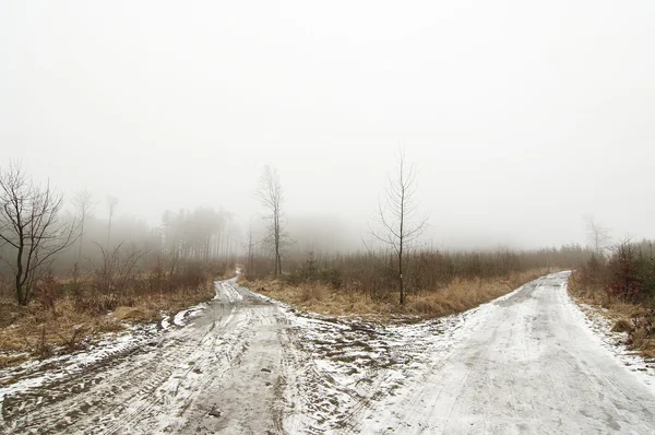 비포장도로와 눈 덮인 겨울 풍경 — 스톡 사진