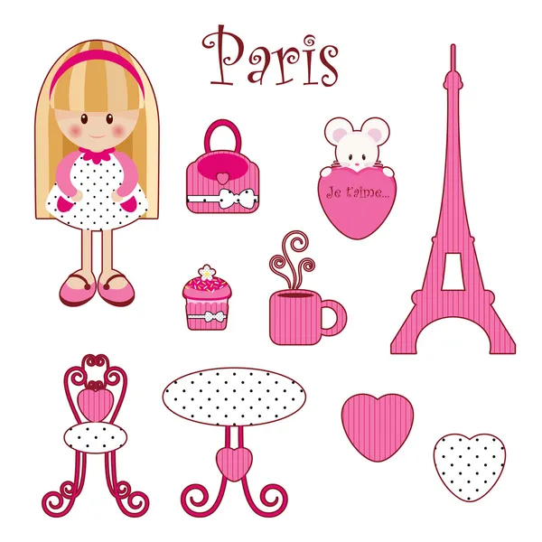 Симпатичный розовый девчачий набор. Париж — стоковый вектор