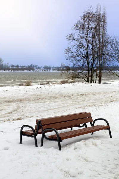Ensam bänk på wisla river — Stockfoto