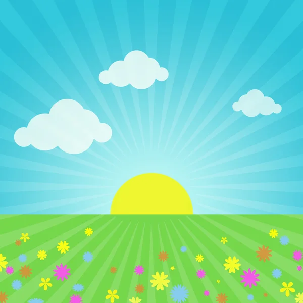 Gökyüzü, güneş, çiçekler ve çim — Stok fotoğraf