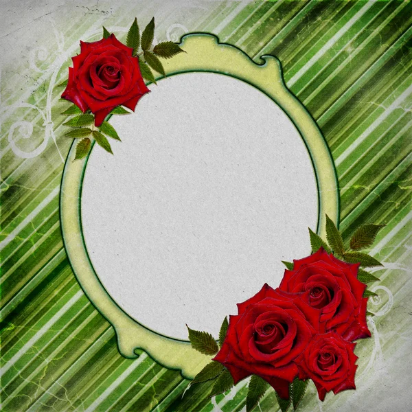 与上一个绿色的条带化背景的帧的红玫瑰 — 图库照片