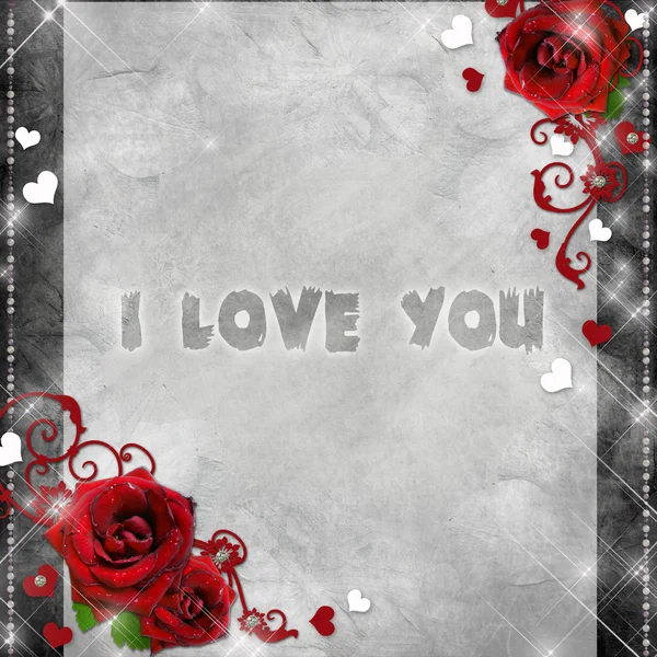 Cartão de saudação com rosas vermelhas e corações no fundo cinzento — Fotografia de Stock