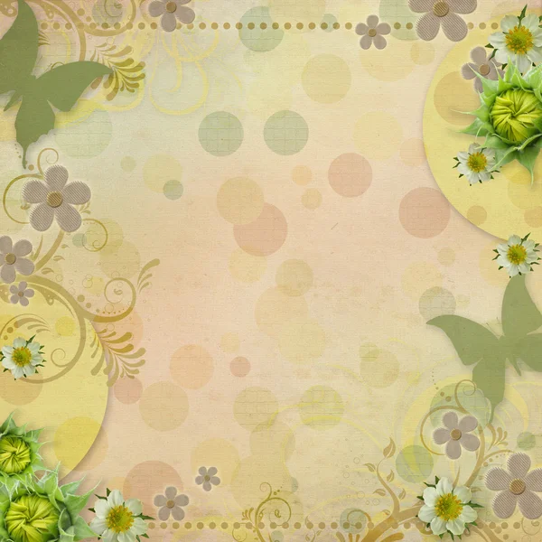 Літній фон з зеленим метеликом, квітами, гойдалками — стокове фото