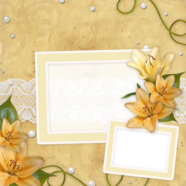 Card for invitation or congratulation with lilies — Stok fotoğraf