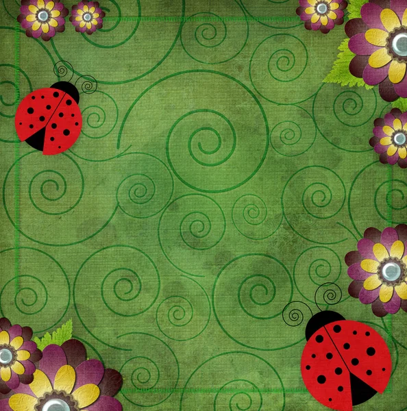 Summer grunge background with flowers and ladybug — Stock Photo, Image