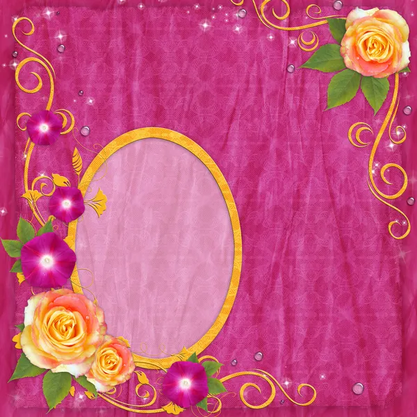 Moldura amarela oval em estilo scrapbooking com rosa — Fotografia de Stock